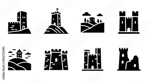 Black castle icons: silhouette collection of medieval towers and fortresses