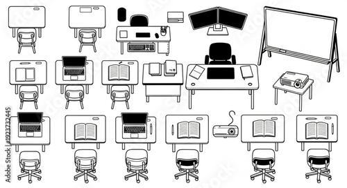 Overhead view of various office desks and chairs, arranged in a workspace setting.