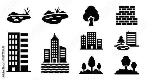 Urban and nature silhouette icons: buildings, trees, and ponds