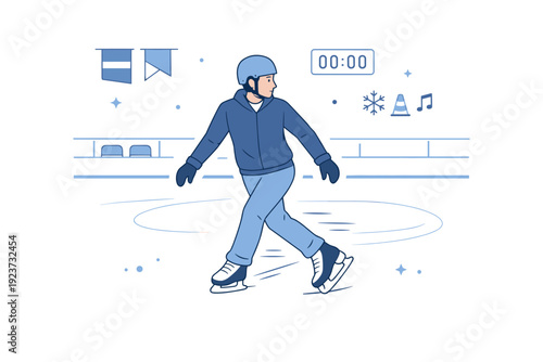 Ice skating technique practice illustration. A calm editorial scene showing a person practicing skating techniques on a clean indoor ice