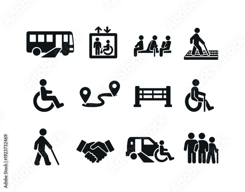 Public transport accessibility. Filled icon set of Public transport accessibility: bus ramp,