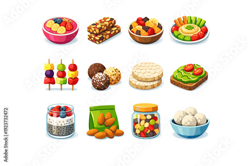 Vegan Snacks. Colorful flat vector icons set of Vegan Snacks: smoothie bowl, nut bars, dried fruit mix, hummus and veggies, fruit skewers,
