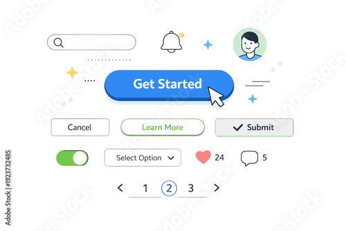 Buttons and UI elements. A clean interface scene with a highlighted primary button and subtle hover state. Calm focus on clarity, usability,