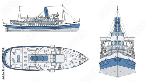 Detailed vehicle autocad blueprint of a sailing yacht displayed from multiple viewpoints showcasing its architectural design