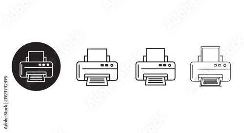 Printer line icon collection. Includes four variations of a desktop printer with paper output. Created in black and white outline style with solid fill option.