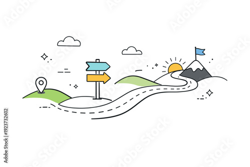 Minimal adventure background. Stylized hills, road, and directional arrows forming a simple journey path. Sense of progress, curiosity, calm