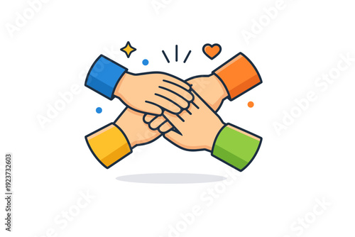 Team spirit hands coming together around a central point, representing cooperation, trust, and strength built through teamwork. Minimalist