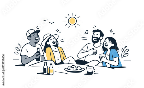 Joyful Outdoor Gathering. Outdoor laughter candid moments. Late afternoon outdoor gathering with people laughing freely, relaxed energy and long shadows.