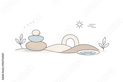 Wellness branding visuals. A calm abstract scene with soft organic shapes and gentle curves, expressing balance, care, and mental clarity.