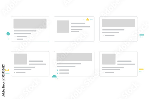Skeleton screen placeholder. Simplified UI cards with grey blocks for headlines, paragraphs, and thumbnails arranged in a balanced grid.