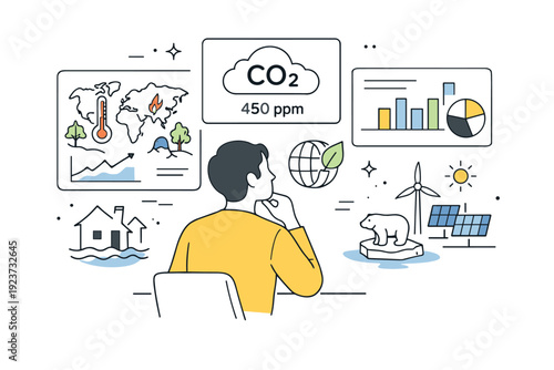 Climate change. Contemporary stock illustration with a calm human figure observing environmental data on screens and maps. The mood feels