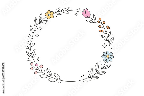 Minimal spring wreath frame. A circular frame made of stylized leaves and flowers with plenty of white space inside. The mood is natural,