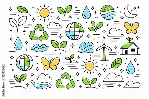 Abstract sustainability symbols. Simplified shapes inspired by nature and cycles repeat gently, creating a decorative eco-themed pattern. The