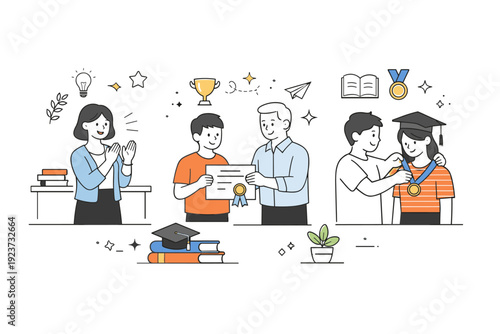 Academic Awards Ceremony. Academic awards celebration. Students receiving certificates or medals in a calm, supportive environment. The scene