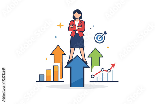 Women in business leadership concept with a female figure standing confidently above upward arrows and charts, representing growth, vision