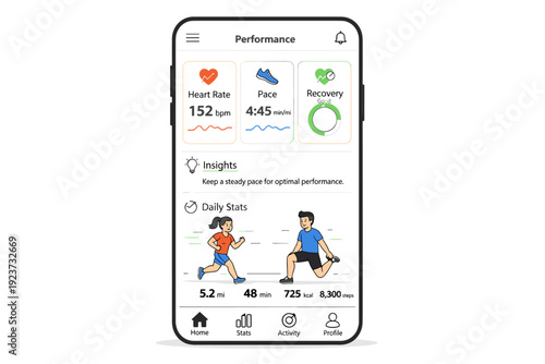Wearable sports analytics app screen. Smartphone interface displaying heart rate, pace, and recovery data, accessible insights and everyday
