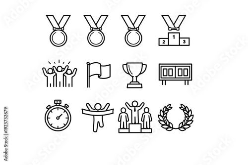 Winter Sports Competition. Line icon set of Winter Sports Competition: gold medal, silver medal, bronze medal, podium stand, cheering crowd,