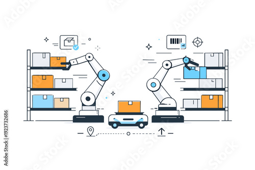 Automated picking systems. Robotic arms carefully selecting packages from storage racks, precise and reliable movement. The mood is calm