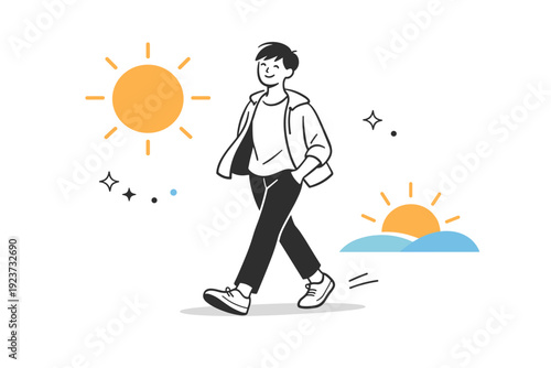 Seasonal mood lift visuals. A person walking lightly with relaxed posture, jacket open, soft abstract sun shapes nearby. The mood feels brighter, easier, and