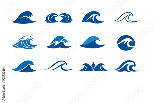 Ocean waves. Icon set. Set Logo of Ocean waves: minimalist wave line. harmonious logo variations of the same emblematic concept, each with
