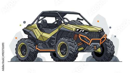 Detailed vehicle autocad blueprint of an all-terrain yellow buggy viewed from the front side in a technical illustration.