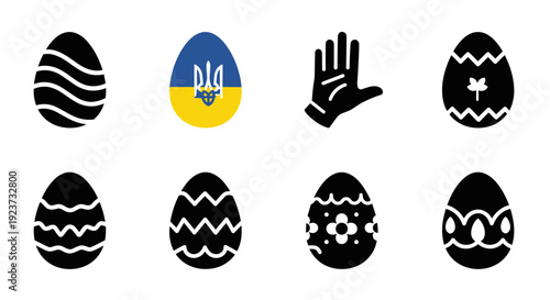 Decorative easter eggs in minimalist black and white designs with ukrainian flag