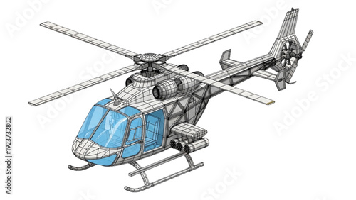 Detailed vehicle autocad blueprint of a helicopter on landing skids, showcasing technical illustration with precise lines and dimensions.