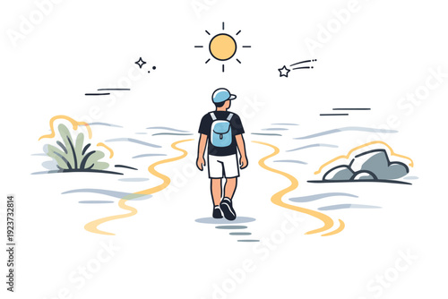 Heat shimmer visuals. Person walking on a sunny path, surrounded by blurred waves and glowing edges of objects. Subtle optical vibration