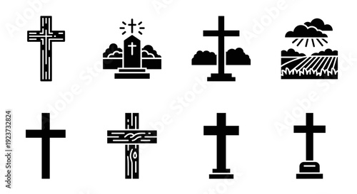 Set of eight black and white cross designs in minimalistic style