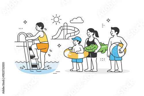 Water parks fun scenes. Person climbing pool steps while others wait nearby with inflatable toys. Everyday candid moment showing anticipation