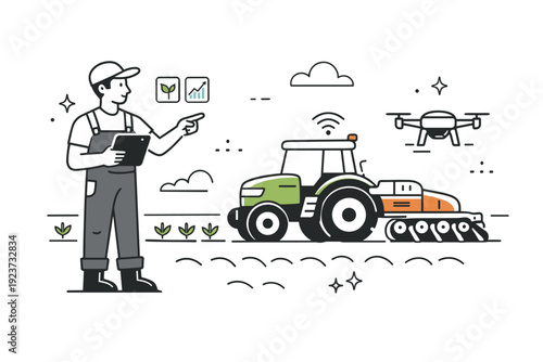 Agricultural workers and mechanizers. Worker guiding automated equipment while monitoring progress on a tablet. Modern farming with human