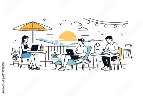 Peaceful Summer Workspace. Summer coworking terraces. Individual finishing work as the sun lowers, soft evening light and calm mood. Peaceful closure of a