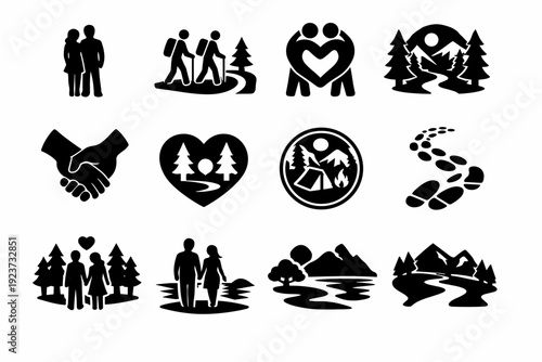 Together Outdoors. Solid icon set of Together Outdoors: couple silhouette, hiking trail, bonding symbol, nature frame, hand holding icon,