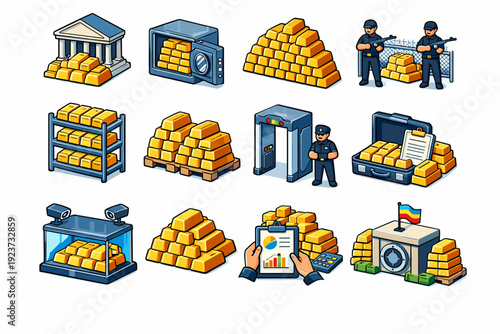 Gold Reserves. Colorful isometric vector icons set of Gold Reserves: central bank gold bars, reserve vault, stacked ingots wall, guarded