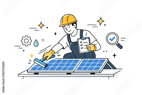 Maintenance of solar panels. A technician cleaning and inspecting panels on a rooftop, abstract stars and motion lines emphasizing care and
