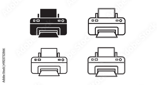 Printer device icon collection. Includes solid black and outline versions of a desktop printer with paper. Created in modern flat style with monochrome palette.