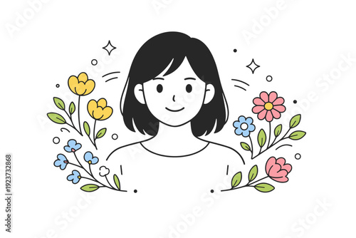 Soft portraits with flowers in natural light. A person faces the viewer with a quiet smile, flowers framing the portrait and soft light