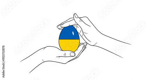 Hands holding ukrainian flag colored egg in minimalist line art style