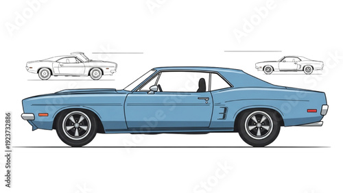 Detailed vehicle autocad blueprint of a classic blue muscle car profile with three wireframe views