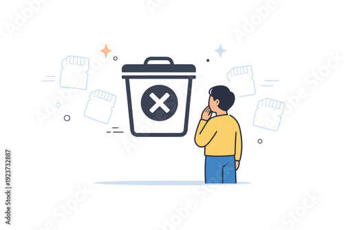 Digital memory and forgetting. Person pausing before a delete icon, surrounded by faint memory cards. Emotional weight of letting digital