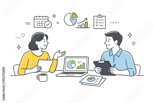 Sharing budget insights. Two people discuss budget charts or compare notes calmly at a table. The scene conveys transparency, cooperation,