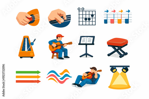 GuitarPlaying. Colorful flat vector icons set of guitar playing: strumming hand, fingerpicking hand, chord diagram, rhythm pattern,