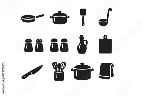 Daily Cooking Zone. Solid icon set of daily cooking zone: frying pan, saucepan, cooking spatula, ladle spoon, salt shaker, pepper shaker,
