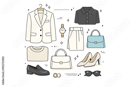 Minimal Wardrobe Elegance. Quiet luxury lifestyle details. A minimal wardrobe flatlay with tailored clothing pieces in neutral tones, carefully spaced. Focus