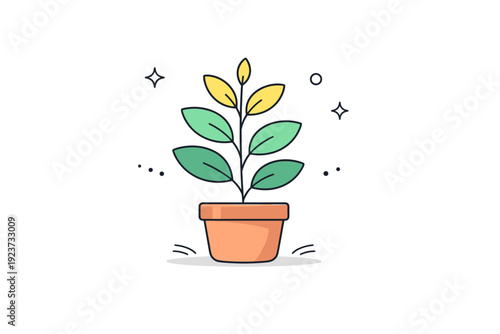 Botanical minimalism. A single stylized plant stands in a simple pot, surrounded by open space. The scene emphasizes calm, balance, and