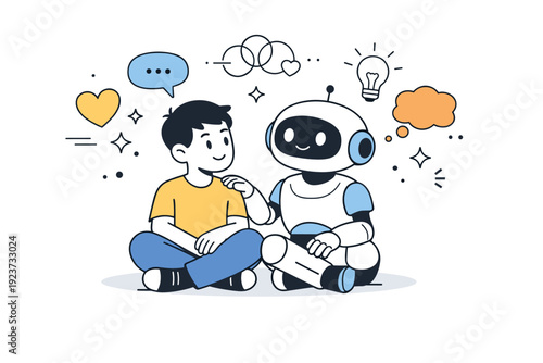 The psychology of human-robot relationships. A human and a friendly robot sitting side by side, calmly interacting and sharing attention.