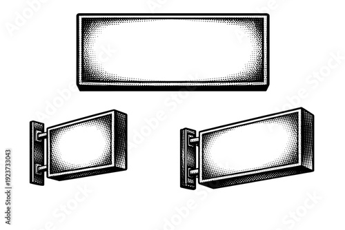 Comic halftone shop signboard A single shop signboard object shown in three views including front view, side-mounted view, and three-quarter
