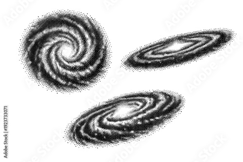 Galaxy spiral core. A spiral galaxy core is shown in three views: face-on view, tilted side view, and three-quarter perspective view,