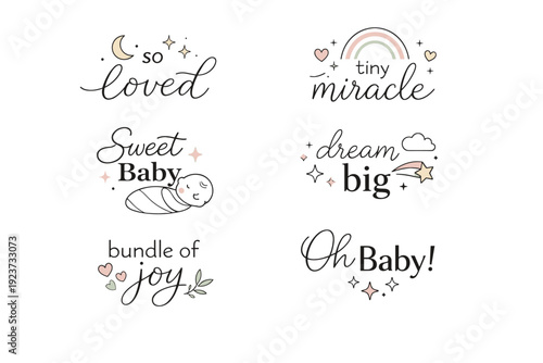 Baby shower quote typography. Short sweet phrases like ?so loved? or ?tiny miracle? arranged in a balanced editorial layout. The mood is