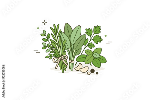 Culinary herbs collection. A small group of herbs tied together or placed side by side, suggesting cooking and natural ingredients. Warm